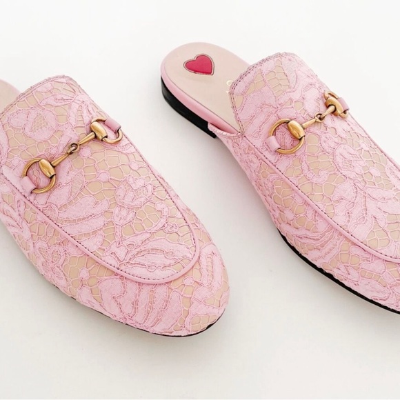 GUCCI Princetown Pink Lace Overlay Leather Horsebit Loafer Mules Size 36, - Picture 3 of 5